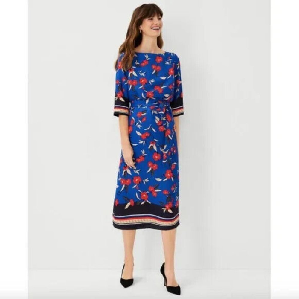 NWT $169 Ann Taylor Border Floral Belted Midi Dress Blue Size MP Medium Pettite